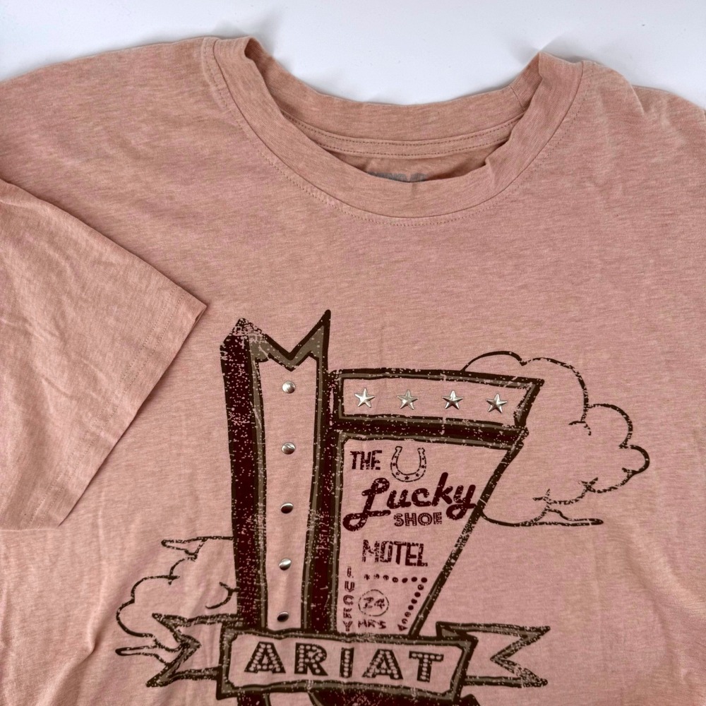 Ariat Womens XL Boyfriend Fit Lucky Shoe Motel Graphic Tee Mauve Pink Studded
